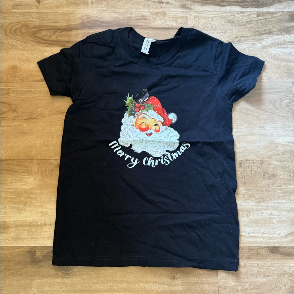 Girls Black Shirt Santa Christmas Tree Holiday  Size 6 / 8 Merry Christmas